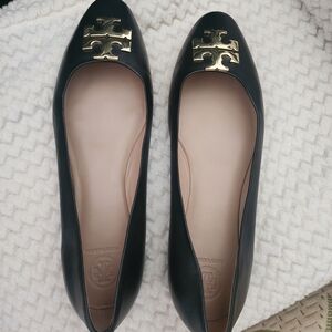 Tory Burch Raleigh Black Leather Flats with Gold Emblem
